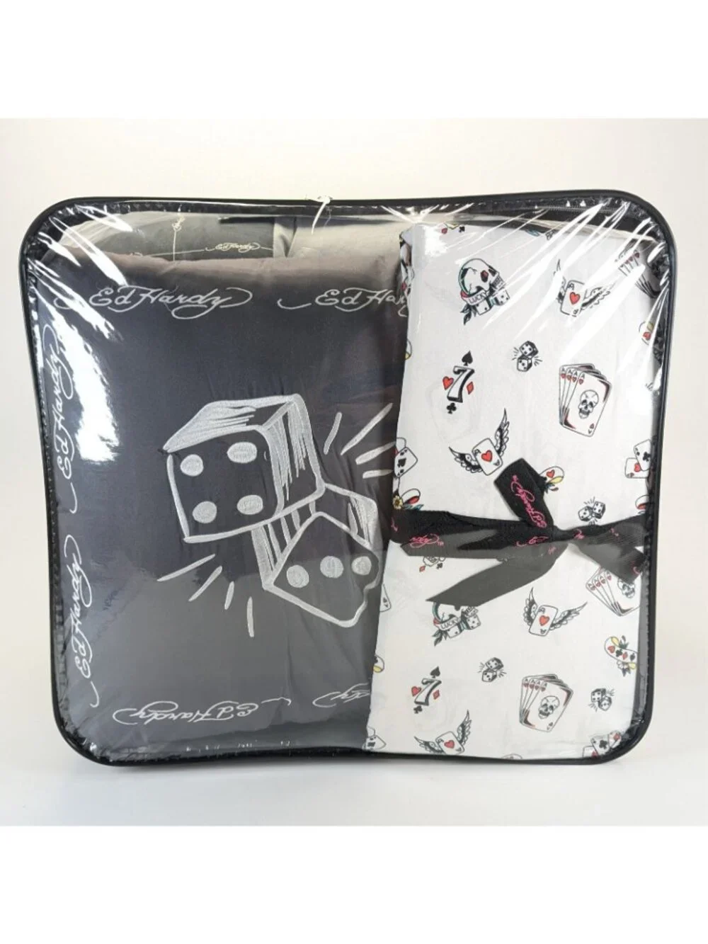 Ed Hardy Queen Comforter Bed Set w Shams Pillow Sheets Black White Dice Skull
